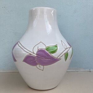Cerasarda Italy White Vase with Purple and Green Leaf Design